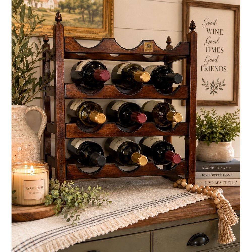The Bombay Company Vintage Wood Wine Rack 12 Bottle Holder Dark Brown Finial